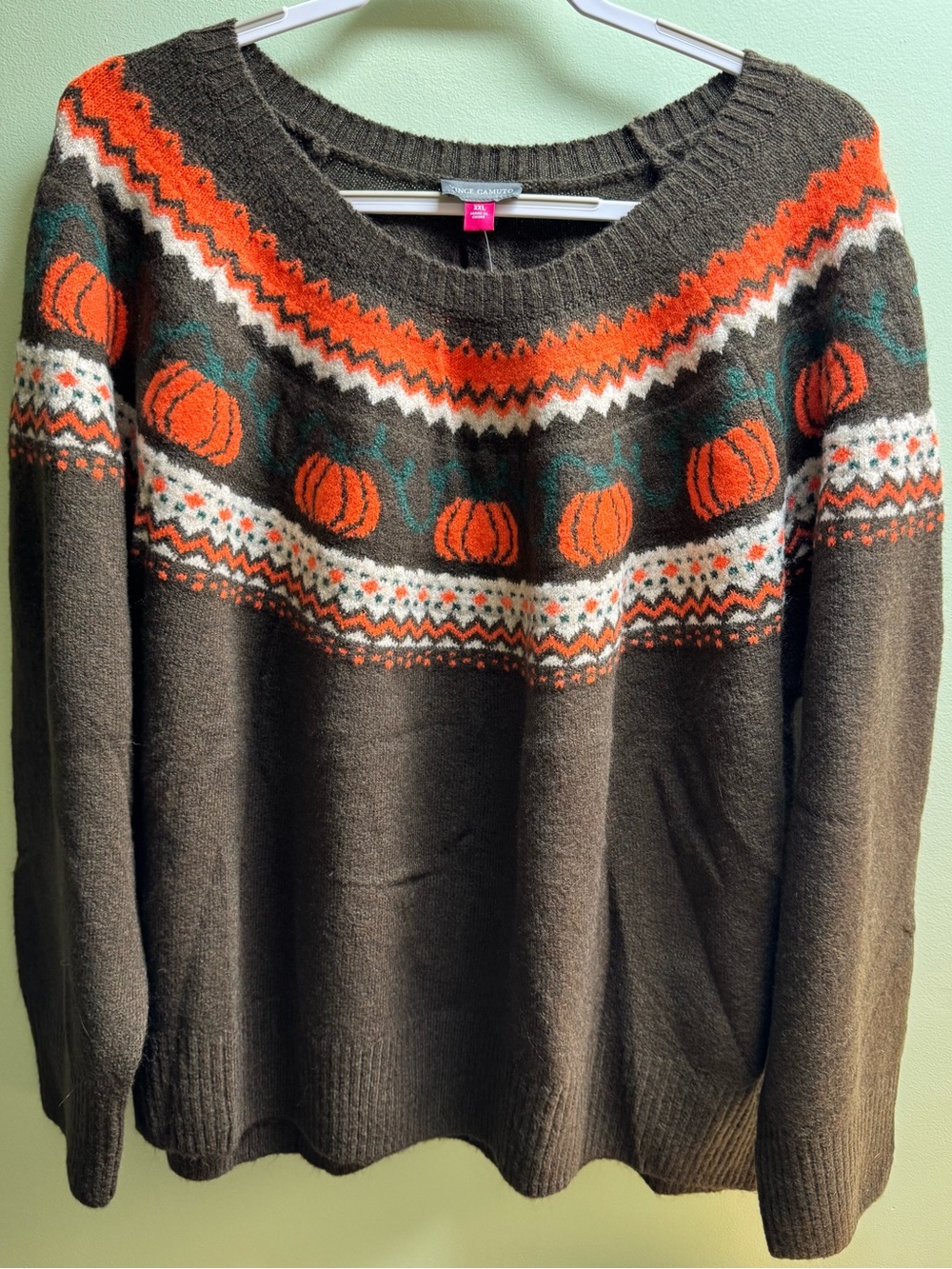 PLUS SIZE Vince Camuto Brown Sweater with Orange Pumpkin Fair Isle Yoke NWT XXL